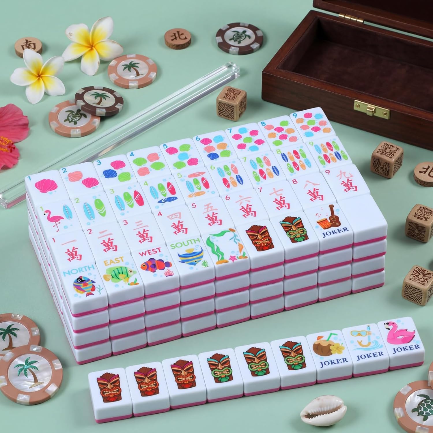Arrowbash 160 Pcs American Mahjong Tile Set 1.2 Inches 2 Layer Rose Red Cute Mahjong Game Tiles Set for Women Adults Family Friend Gatherings Mah Jong Lovers Beginner's Guide Funny Summer Styles