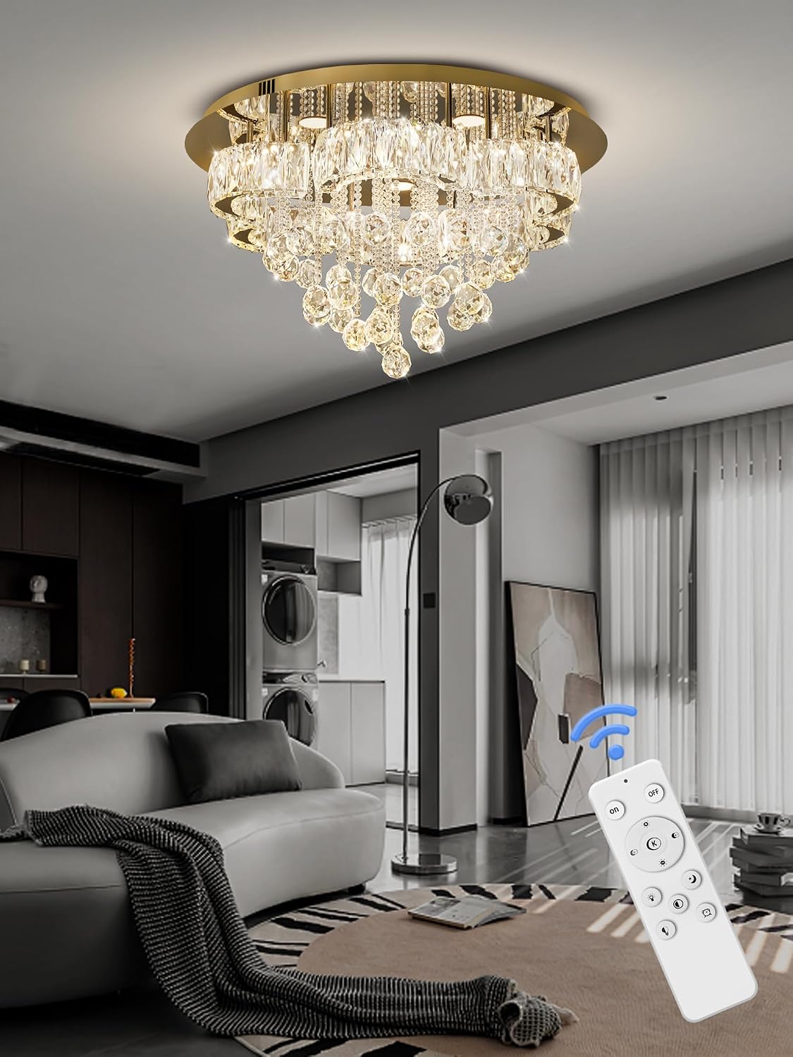 Flashing God 24in Modern Gold Chandeliers for Dining Room Living Room Flush Mount Ceiling Chandeliers for High Ceiling LED Dimming 2700k 4500k 6000k