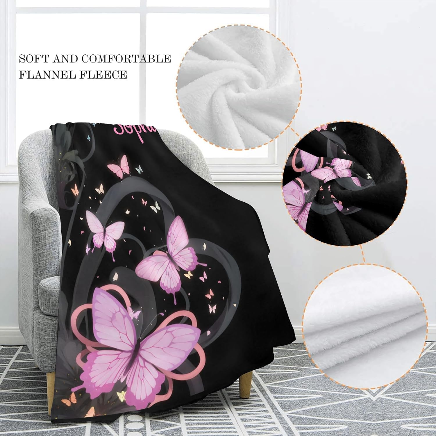 Pink Butterflies Personalized Name Soft Fleece Bed Blankets Throws as Birthday Wedding Gifts for Sofa Couch 50'' x 60''