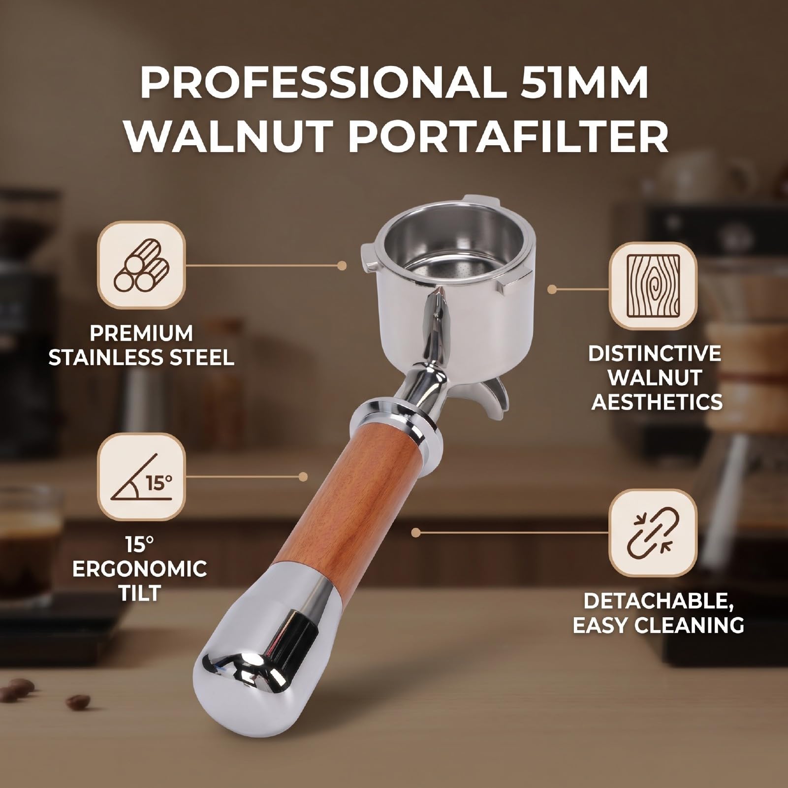 Portafiltro per caffè da 51 Mm, Manico in Legno di Noce (con