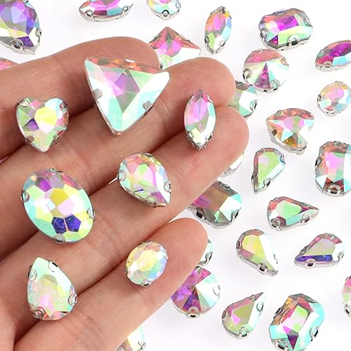 Miniatura 2 de 50 PCS Sew on Rhinestones Mixed Shapes Glass Rhinestones Sew on Crystal Gems Mental Flatback with Gold Claw for Jewelry Crafts Clothes DIY Craft