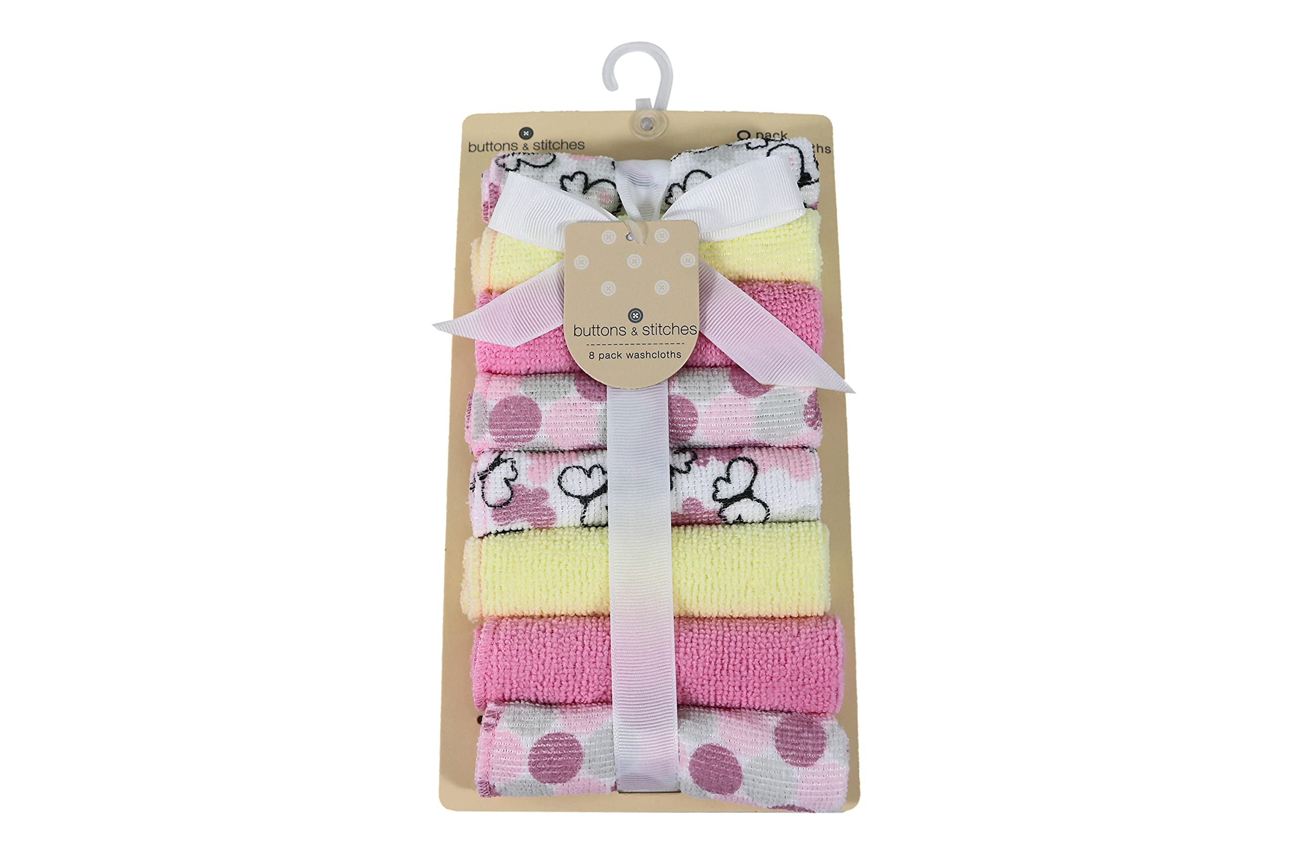 Buttons and Stitches Cudlie Buttons and Stitches Baby Girl 8 Pack Rolled Washcloths On Card in Butterfly Polka Print