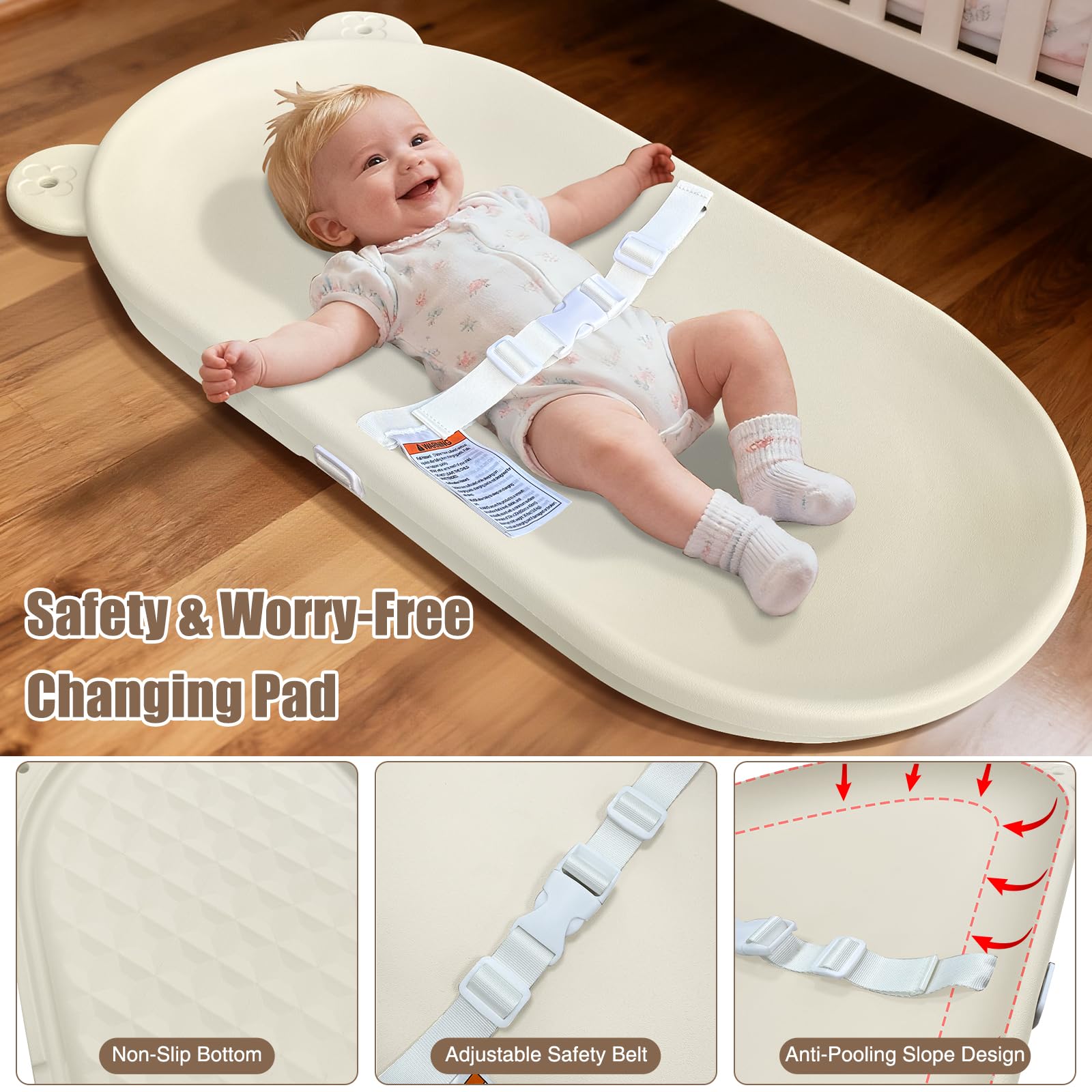 Baby-Wickelunterlage, EVA, wasserdicht, rutschfest, Wickeltischunterlage mit verstellbarem Gurt für Kommode, Wickeltisch, Kinderzimmer, tragbare Wickelunterlage, Haferbeige