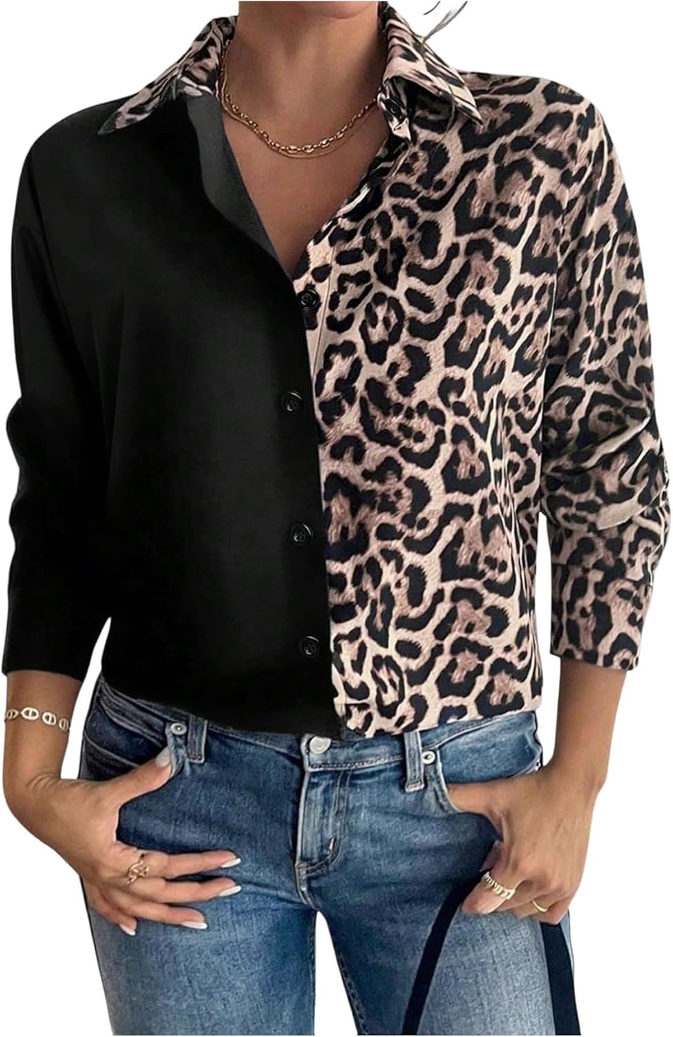 SweatyRocks Women's Leopard Print Color Block Collared Shirt Casual Long Sleeve Button Down Loose Blouse