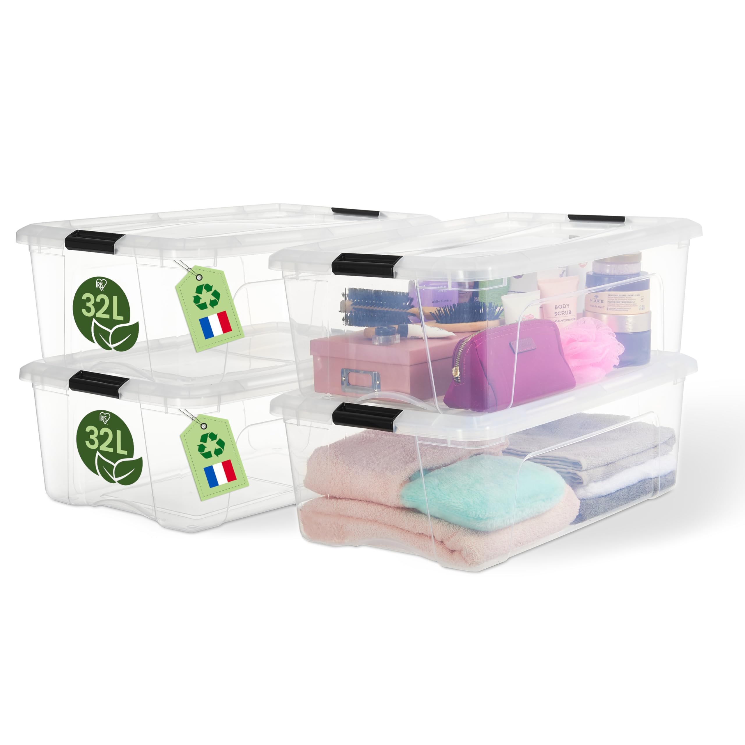 Iris Ohyama Aufbewahrungsboxen mit Deckel, 32L, 4er-Set, Transparent, Sicherer Verschluss, Stapelbar, Griffe, Schlafzimmer, Schrank, Büro, Organisation, BPA-freies Plastik, Ordnungsboxen, BSB-35