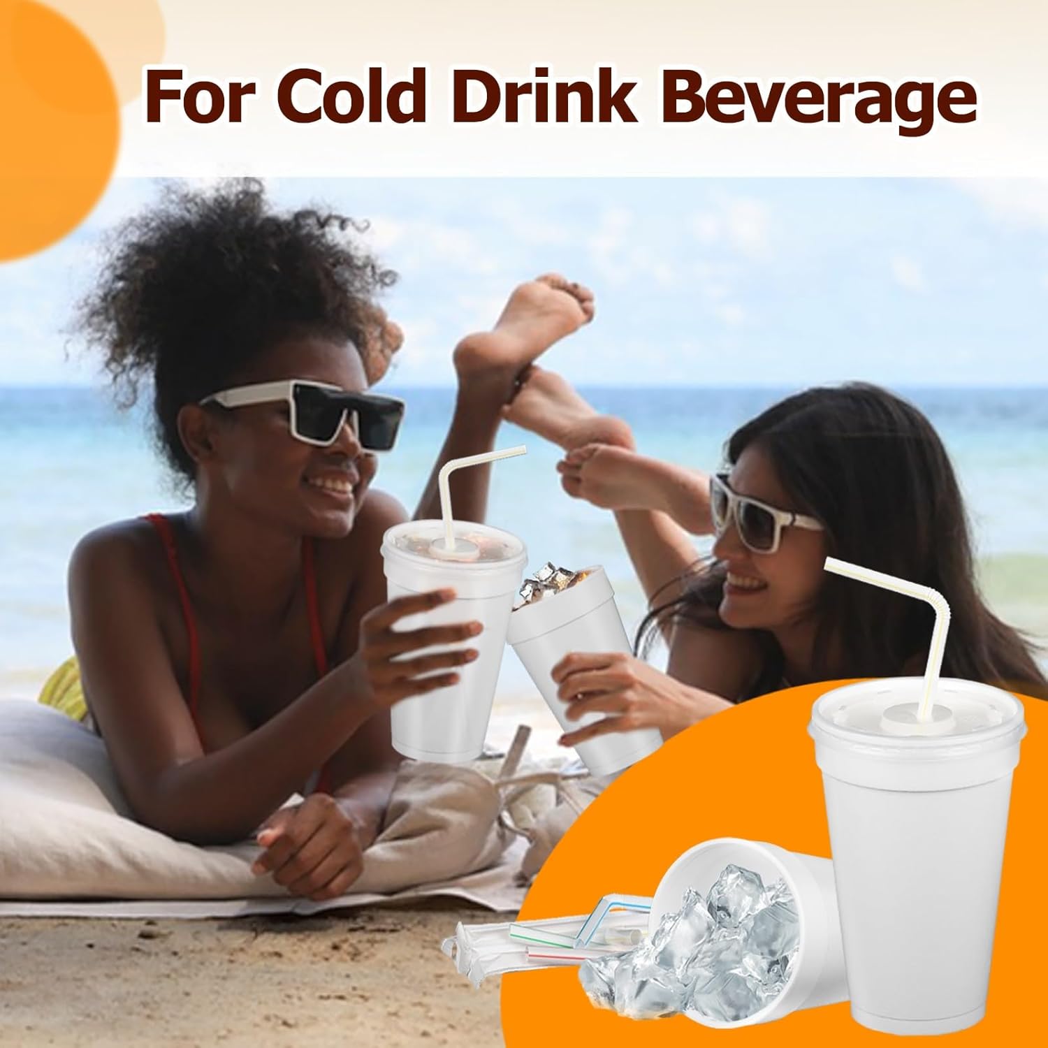 12 Oz Styrofoam Cups with Lids and Drinking Straws, Disposable White Foam Cups for Hot Cold Drink Beverage, To Go Drinking Container for Coffee, Tea, Juice - 50Sets/150pcs - Image 5