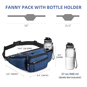 NOOLA Fanny Pack Waist Bag for Men Women, Lightweight Waist Pack with Water Bottle Holder, Adjustable Belt Bag with Multi-Pockets for Hiking, Dog Walking, Outdoor, Cycling, Running, Travel, Blue