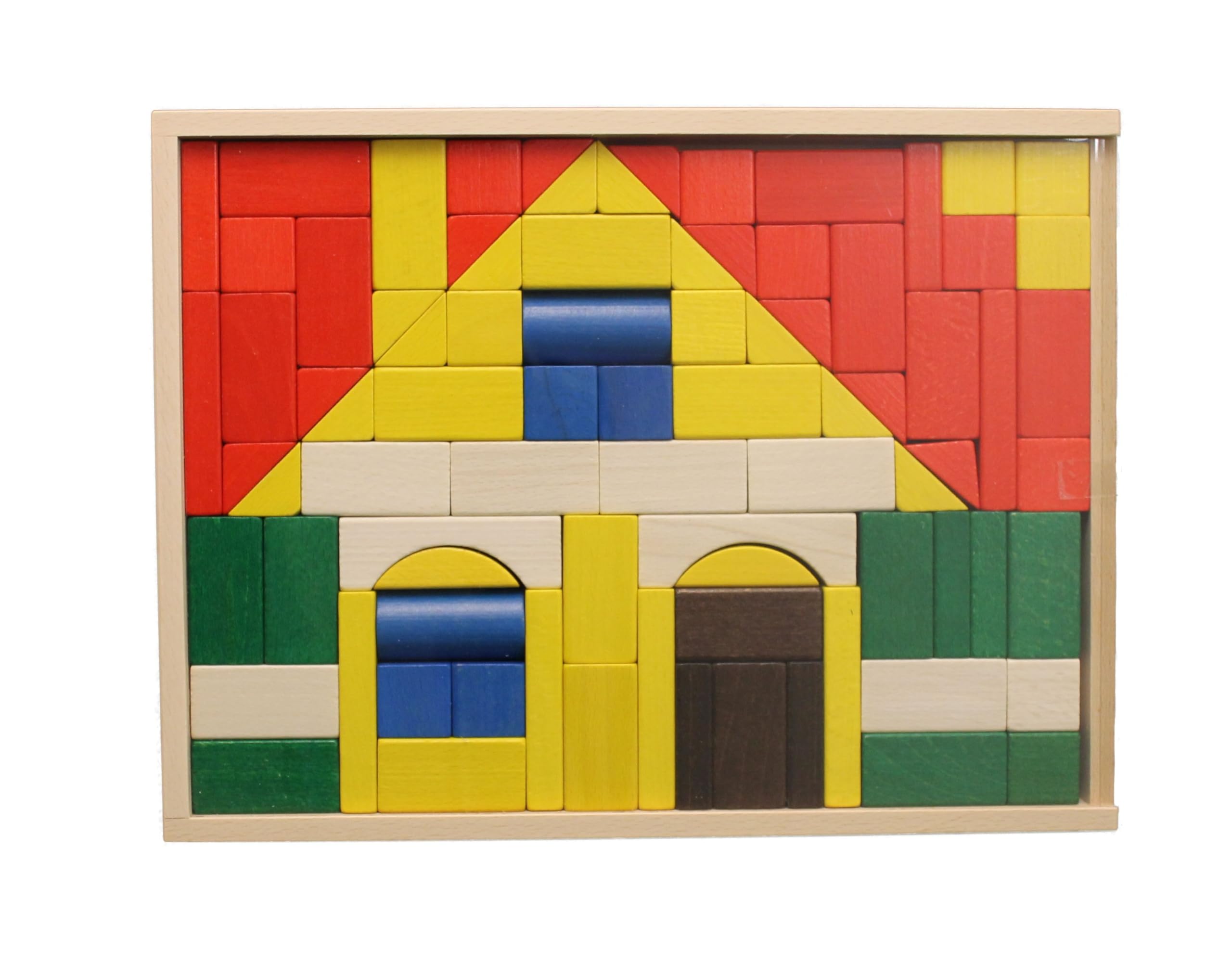 Baukasten Puzzel Haus groß aus Holz bunt 83 Teile Breite 29mm Würfel Quader Zylinder Bogen Prisma Bild