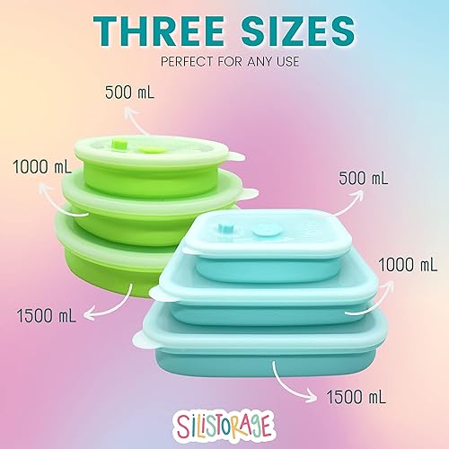 Miniatura 6 de Juego de tres recipientes rectangulares plegables para almacenamiento de alimentos con tapas flexibles herméticas, sin BPA, compactos, aptos para