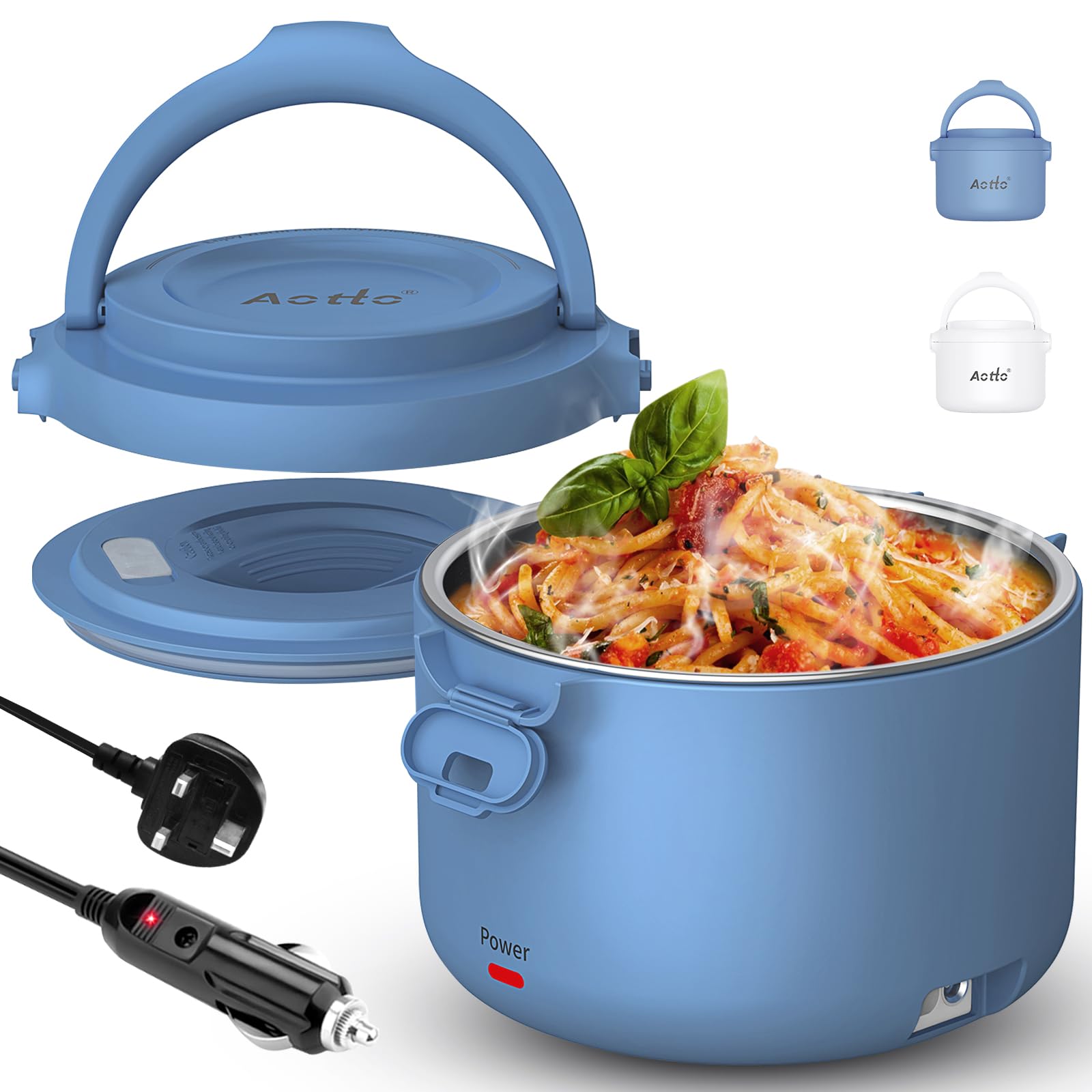 Aotto Electric Lunch Box Food Heater 80W - 3-in-1 Heated Lunch Box for Adults, 1L Self Heating Leakproof Stainless Steel Portable Food Warmer for 12V Car/24V Lorry/220-240V Office (Blue)