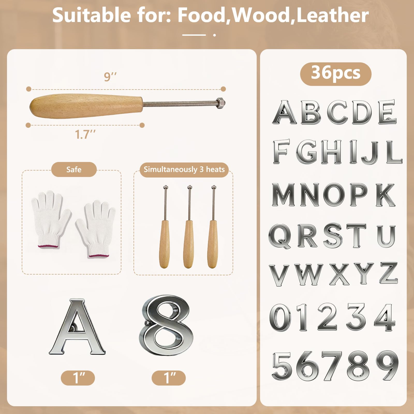 Juego de 36 piezas de hierro de marca de 1 pulgada, kit de marca de números de letras de acero inoxidable con 26 letras A-Z, 10 números del 0 al 9, 3 varillas de calefacción y guantes antiquemaduras