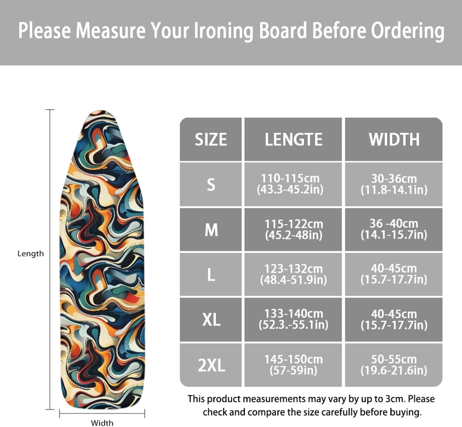 Padded Ironing Board Covers 18 X 49 Blue Orange Waves Ironing Board Pad and Cover Thick Replacement Drawstring Tightening & Lock, Easy Fit, Scorch & Stain Resistant, Non Slip