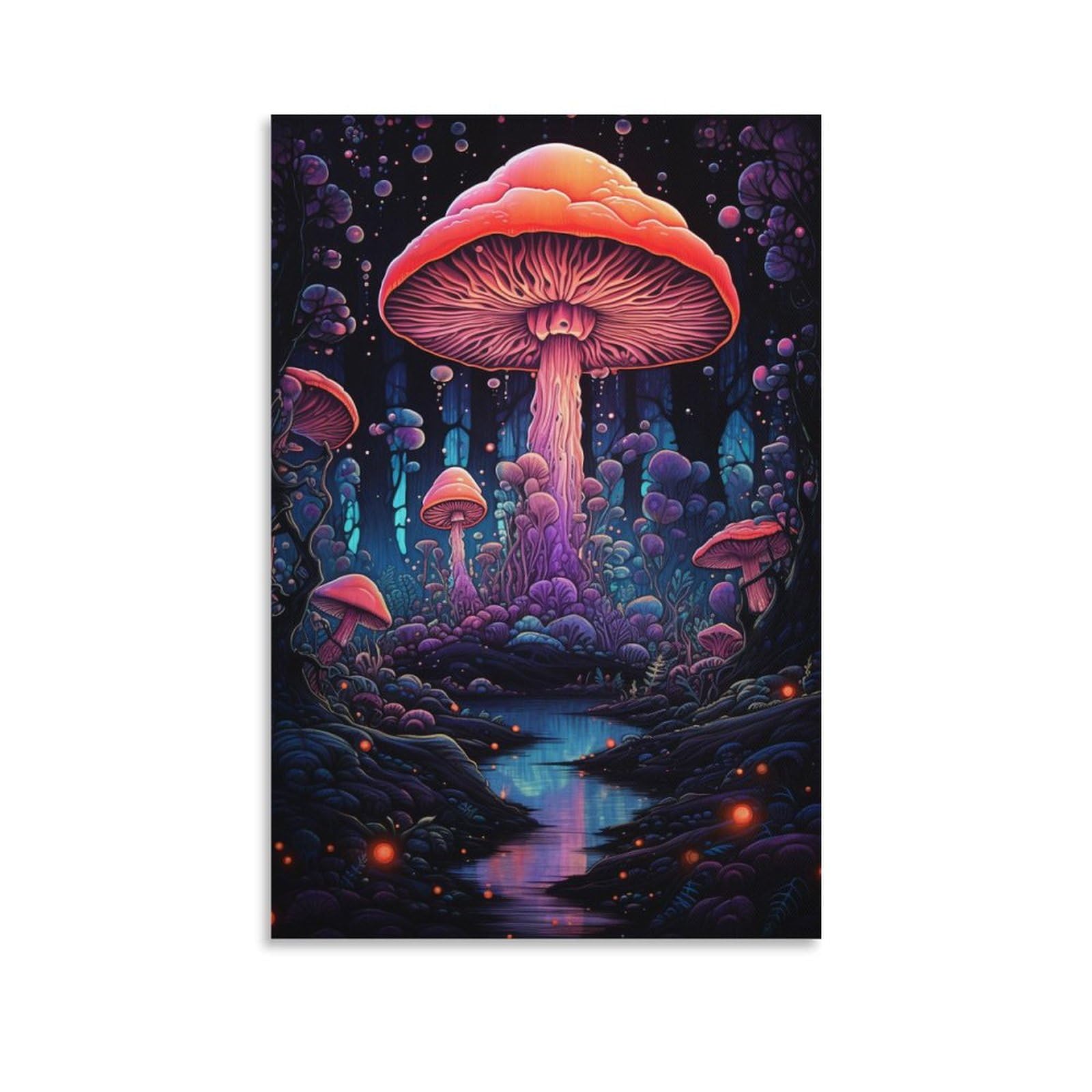 Quadro Su Tela Con Funghi E Foresta Delle Fate, Notte Stellata, Poster Cameretta 28x35.6 Cm