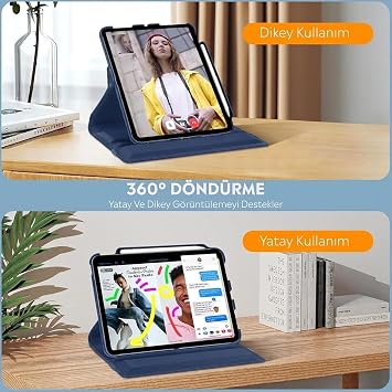 Apple iPad Yatay ve Dikey Standlı 360 Derece Döner Tablet Kılıfı (iPad 10.Nesil 10.9/iPad A16 Lacivert)