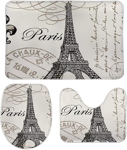Tamengi ow0buv4th75v - Juego de 3 alfombras de baño vintage de París, antideslizantes, absorbentes, más tapete de inodoro en forma de U, más funda