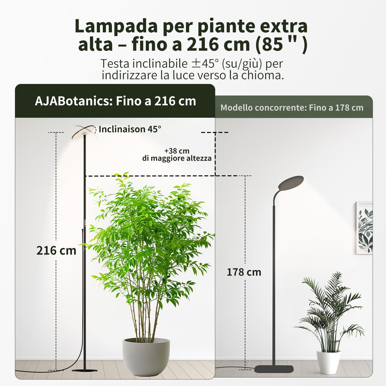 Lampada per Piante da Interno LED 60W a Spettro Completo, Luce per Piante Regolabile 56–216 cm, 10 Temperature 2300K–6500K, Timer 4/8/12H, Dimmerabile, Telecomando