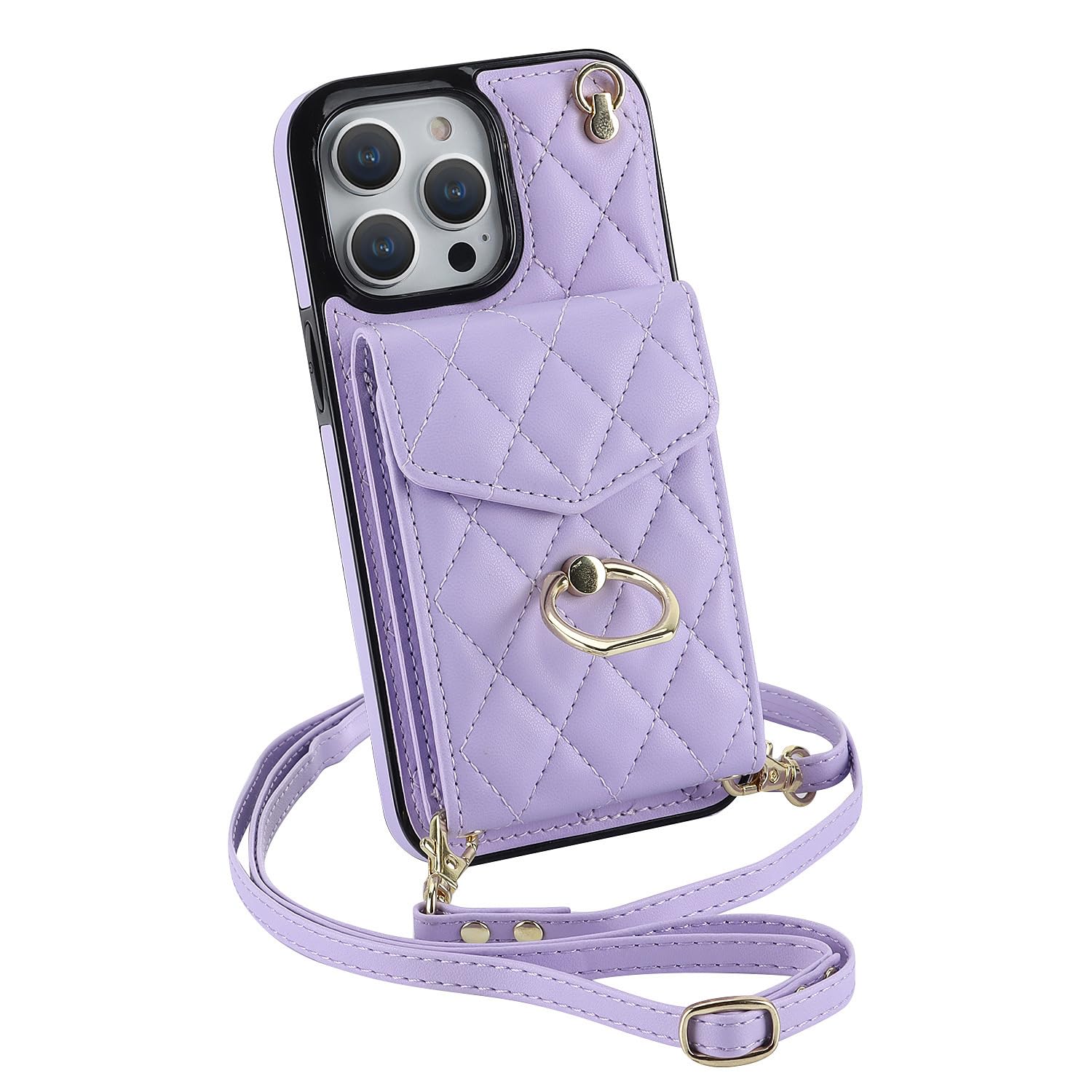 Crossbody Wallet Case for iPhone 16 with Strap, 360° Rotating Ring Kickstand & Card Holder RFID Blocking Case, Leather Purse Case for iPhone 16