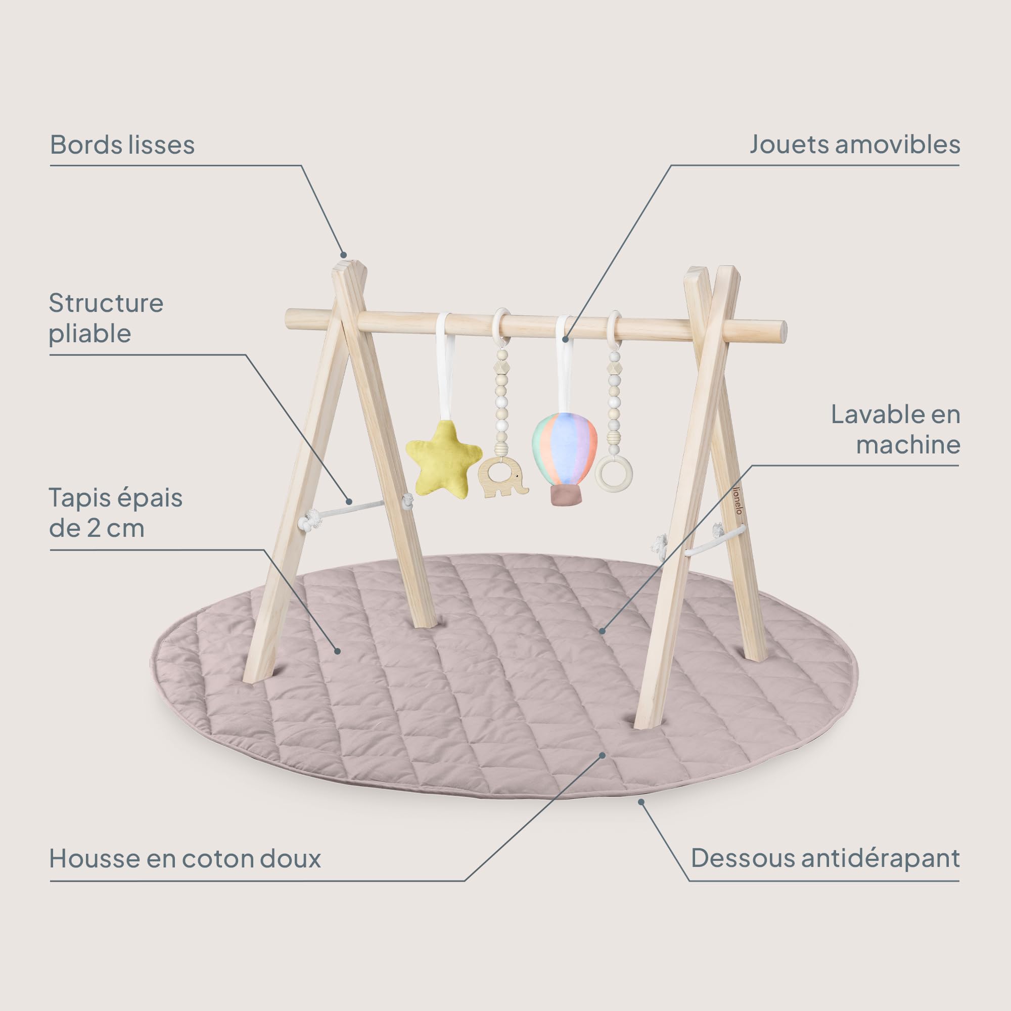 LIONELO Anis Ensemble d'éveil avec arche de jeu pliable en bois et jouets détachables, grand tapis d'éveil en coton de 100 cm, doux et antidérapant (2 cm d'épaisseur), tapis d'éveil