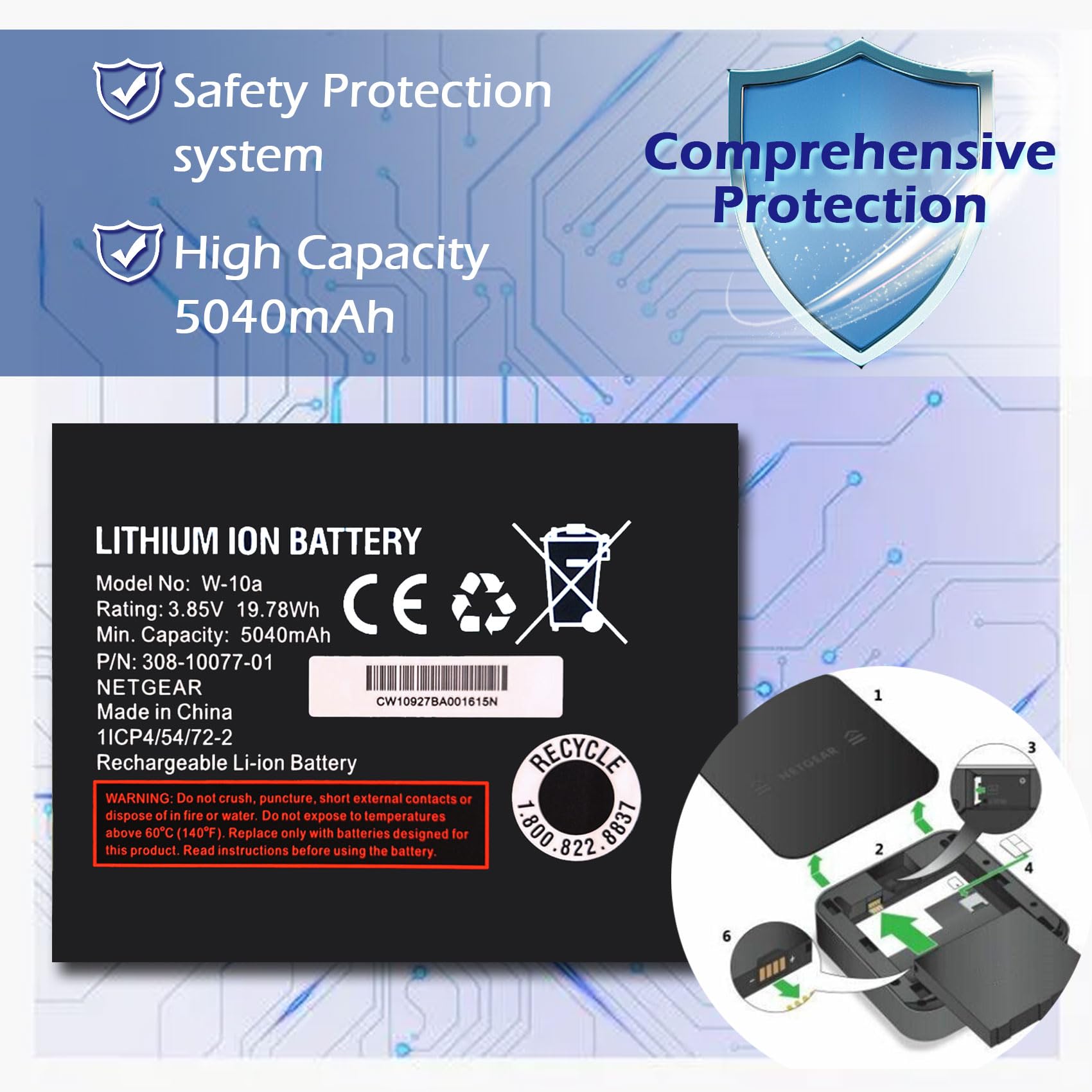 Batteria Di Ricambio W-10A Compatibile Con Netgear MR1100 AT&T Nighthawk M1 – Sostituto 308-10034-01 Con Certificazione UL/CE - 5