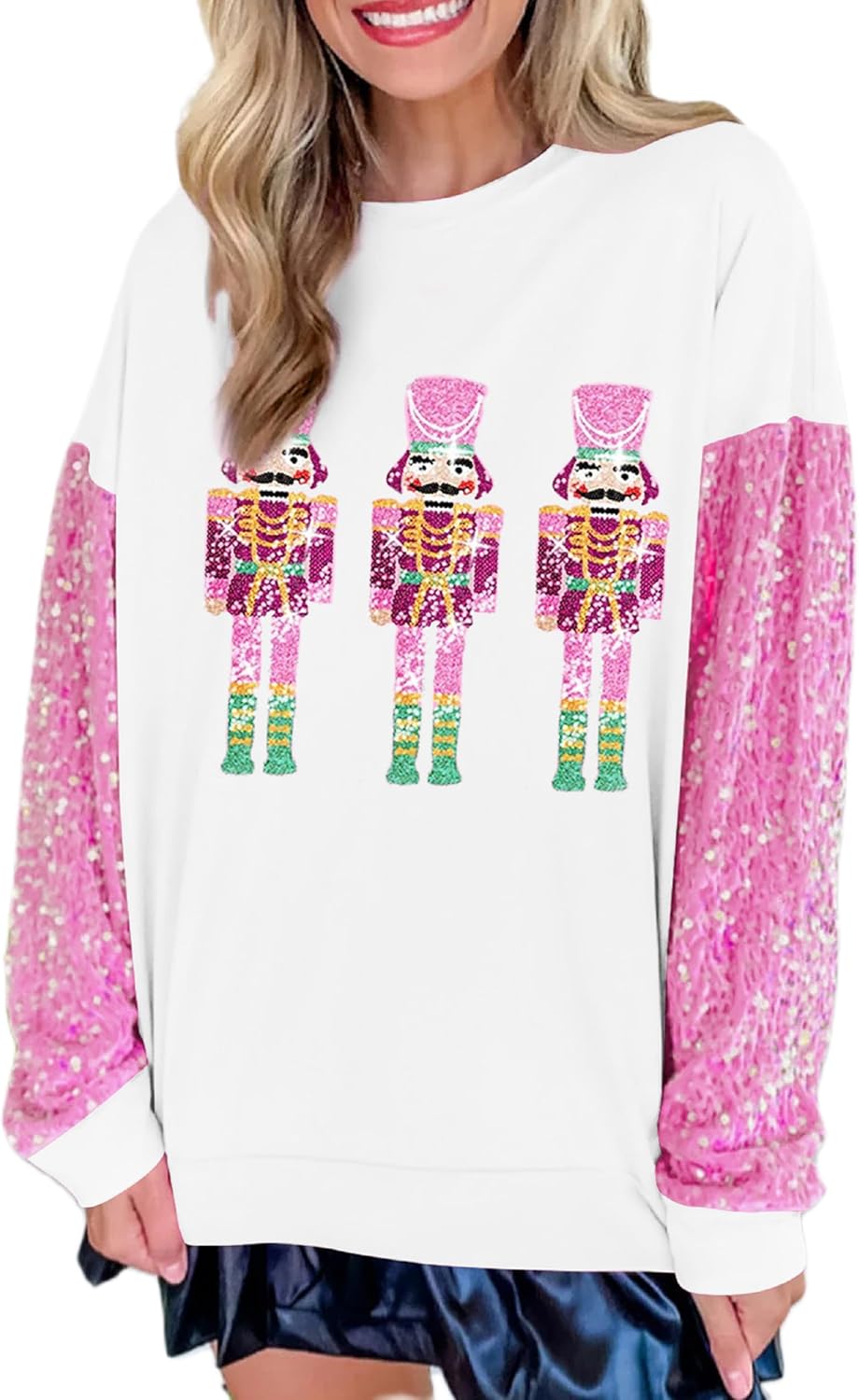 UAURORAO Christmas Sequins Sweatshirts Women Glitter Patch Crewneck Pullover Tops Sparkly Printed Xmas Long Sleeve Shirt