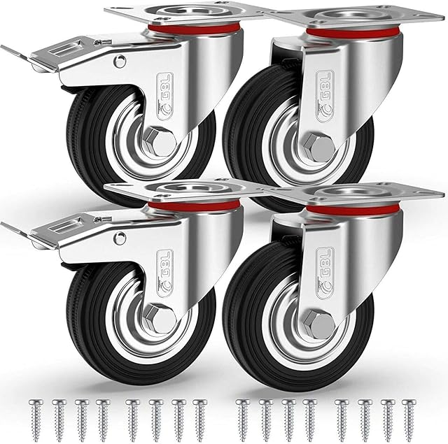 GBL Heavy Duty Castor Wheels with 2 Brakes + Screws - 75mm up to 200KG - Pack of 4 No Floor Marks Silent Caster for Furniture - Rubbered Trolley Wheels - Silver Castors