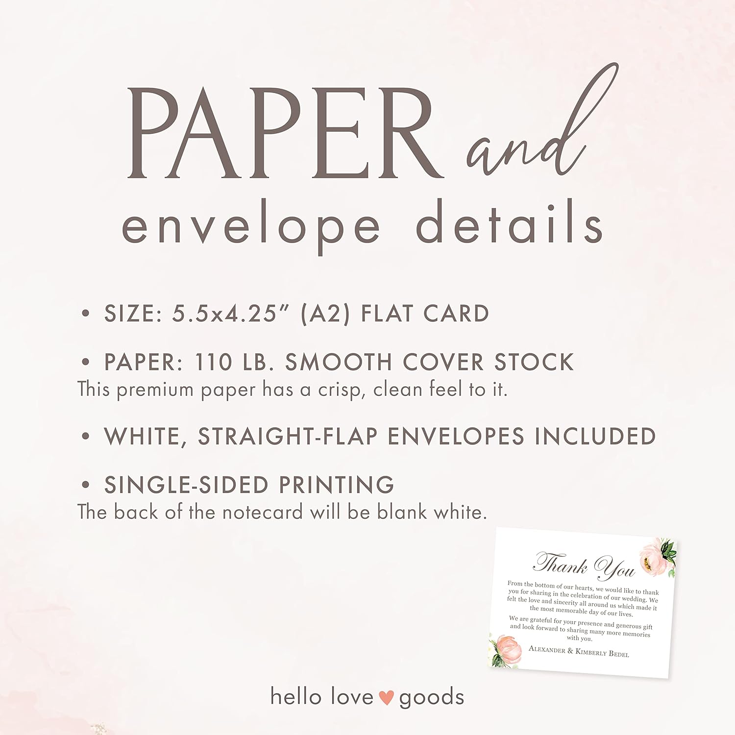 Personalized Wedding Thank You Cards with Message, Flat 5.5x4.25 Thank You Note Cards with Pink Floral, Envelopes Included