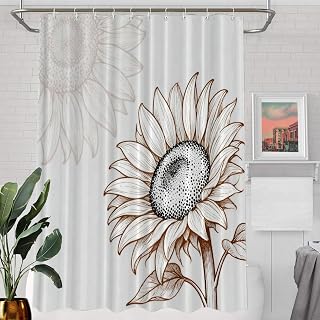 Batmerry Black and White Classic Sunflower Decor Shower Curtain, White Black Sketch Bathroom Decor Polyester Fiber Plastic Rings Quick-Drying Waterproof for Bathtubs/Bathroom, 72x60 inches