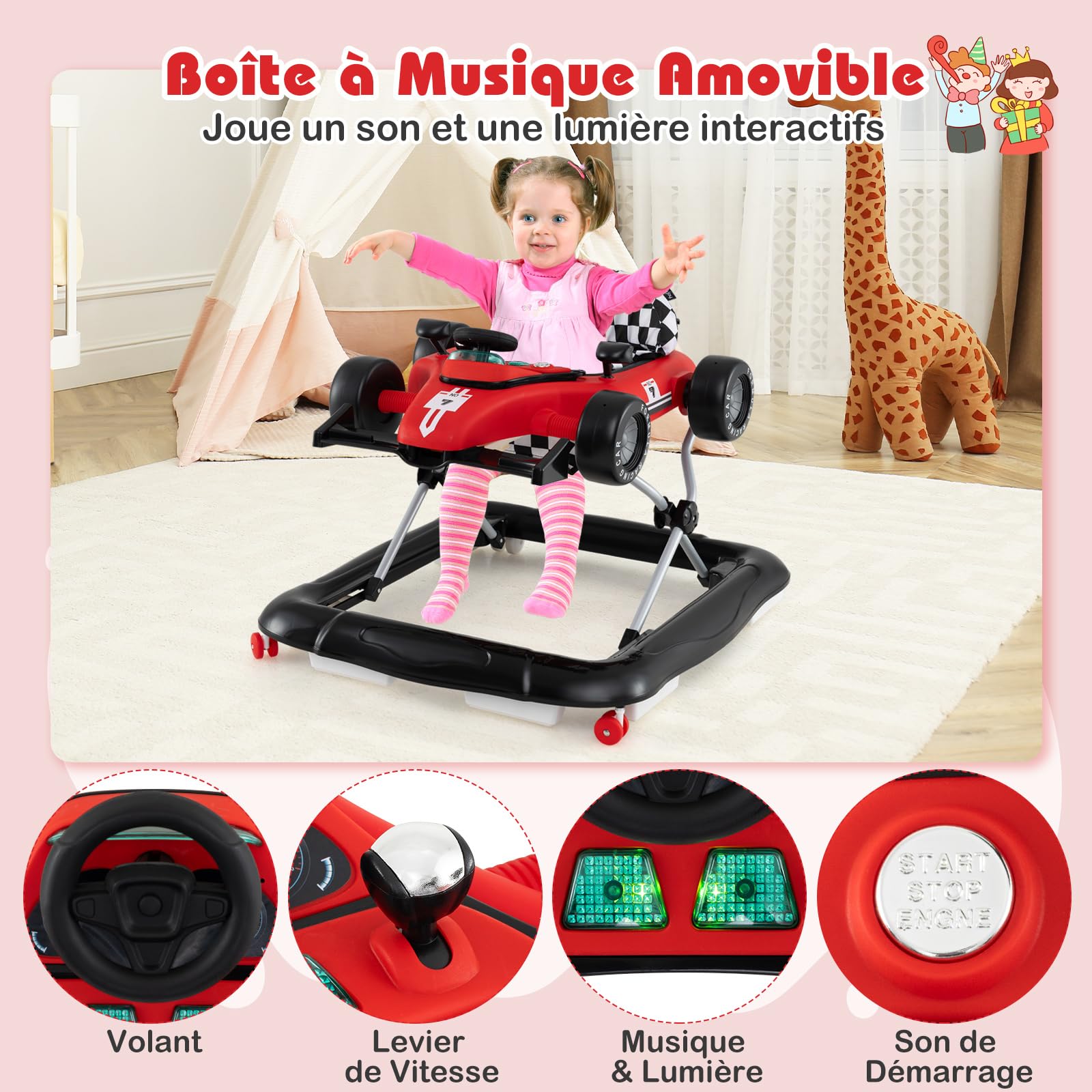 COSTWAY Trotteur Bébé Garçon Fille avec 3 Hauteur Réglable, Trotteur Marche Bébé Pliable Évolutif avec Boîte à Musique Amovible & Volant, Roues Silencieuses, Charge 12kg pour 6-18 Mois