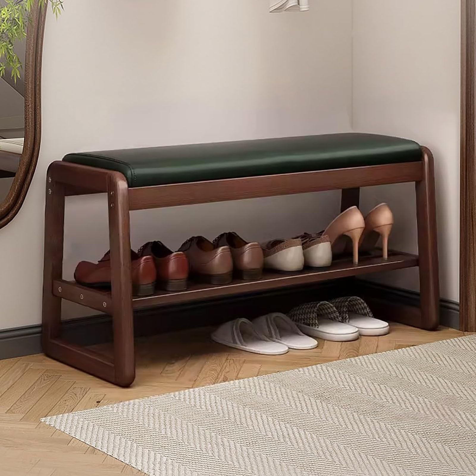 WJFTODAY Cushioned Shoe Bench with Storage Entryway Shoe Rack & Wood Shelf Compact Hallway Bench for Front Door & Mudroom (Green 80cm)