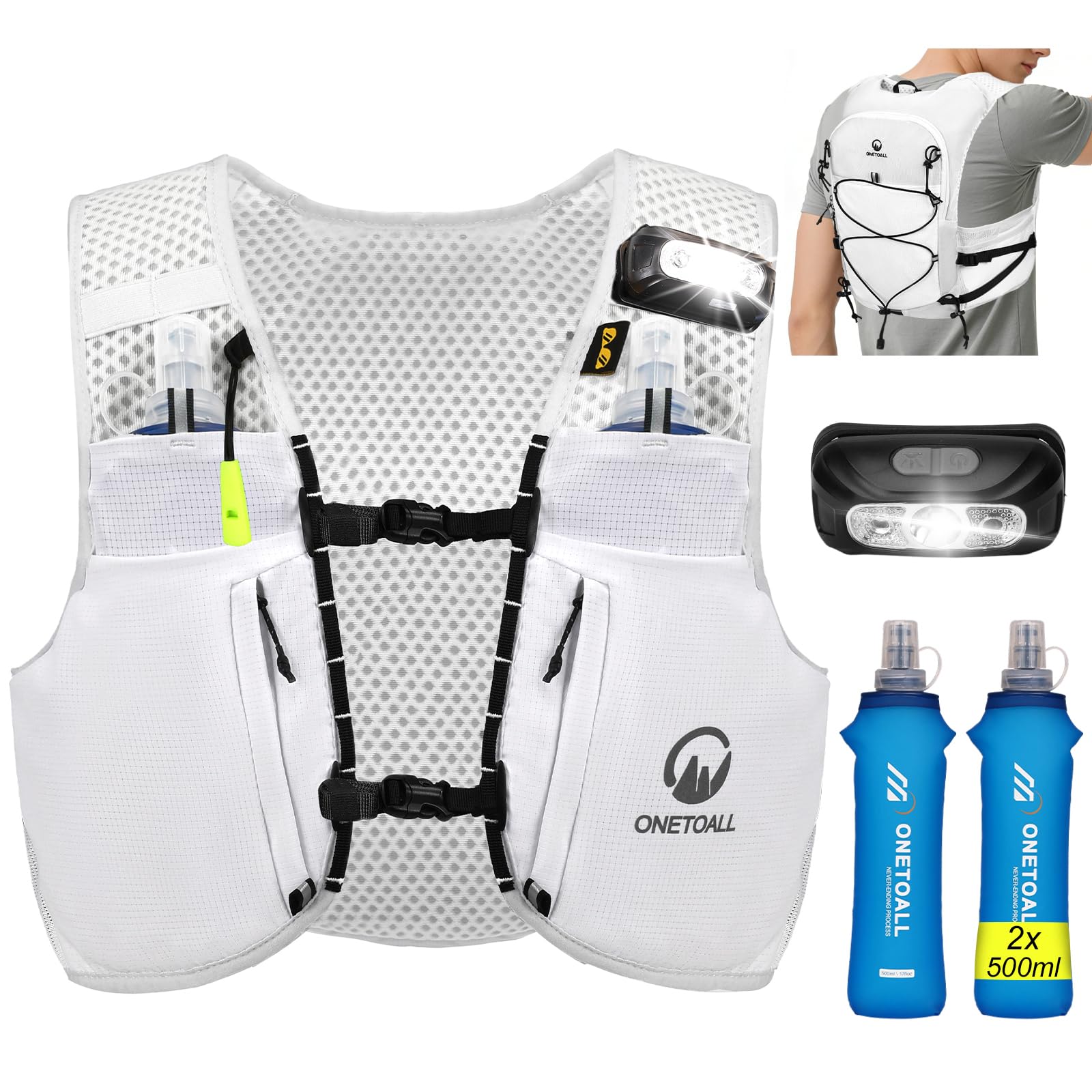 ONETOALL Laufweste Damen mit 2 Faltbare Trinkflasche 500ml, Trinkweste Laufen Herren, Running Vest Laufrucksack Trinkrucksack Reflektierend zum Marathon Trailrunning Jogging Radfahren, Weiß