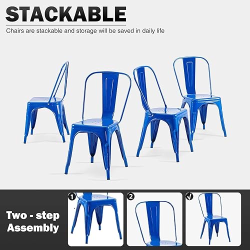 Miniatura 4 de Juego de sillas de comedor de metal azul de 4,8 pulgadas de altura de asiento, modernas sillas apilables Tolix vintage para cocina, cafetería,