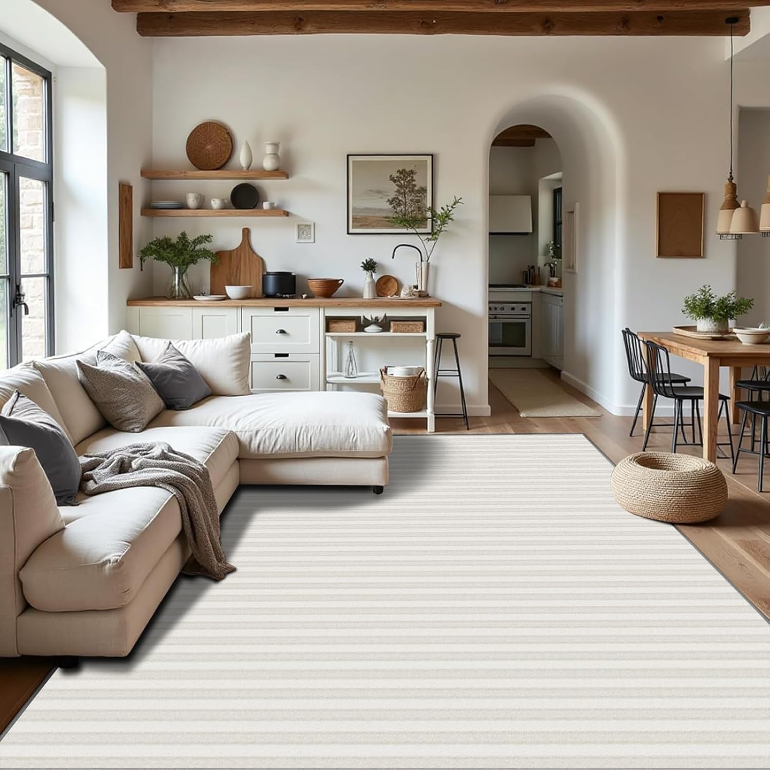 Enkor Area Rugs 9x12 Washable Non Slip Simple Soft Rugs for Living Room Bedroom, Modern Mat for Kitchen Entryway Beige Line