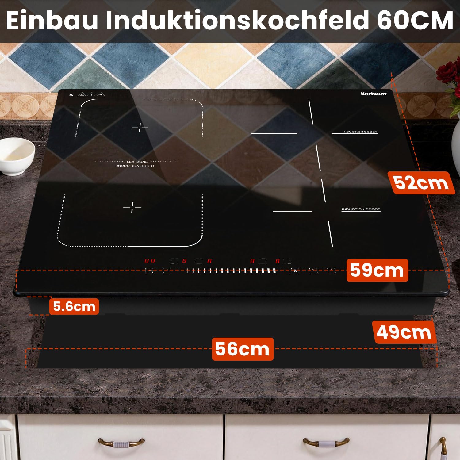 Karinear Induktionskochfeld 60 cm, 4 Platten 7200W, Flex Zone, Boost | Slider-Touch, Autark Induktionskochfeld 60 cm, Kochfeld Induktion mit FlexZone, Boost, Timer, Sicherheitsfunktionen, 240V