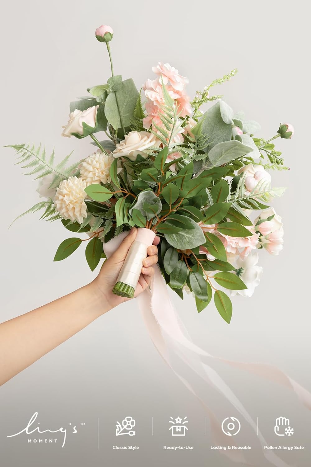 Ling's moment Blush Pink Wedding Bouquets for Bride, Blush and Cream Bridal Bouquets for Bride, 15 Inch Free Form Artificial Wedding Flower Bouquet