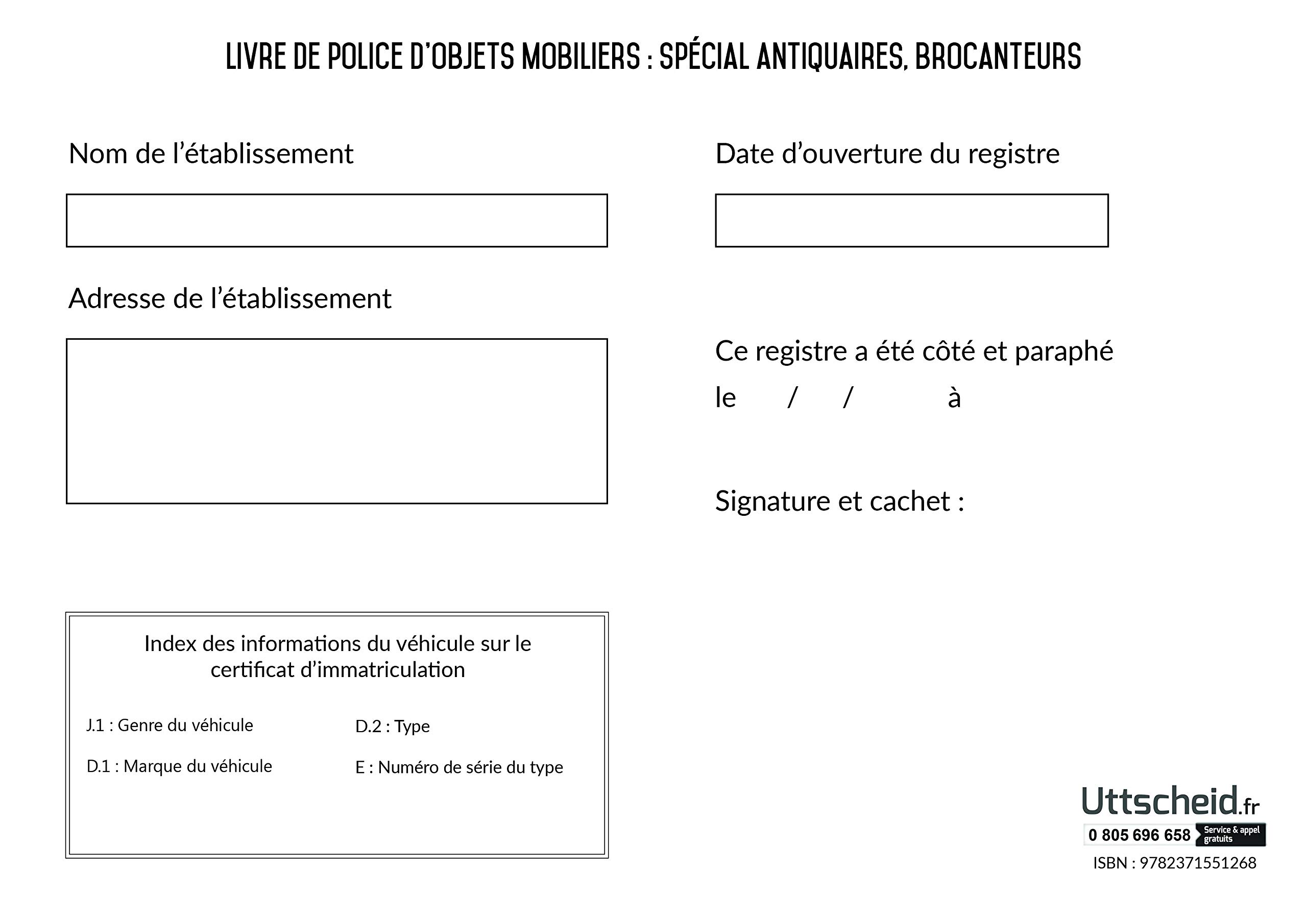 Registre spécial Antiquaire, Brocanteur - Livre de police d'objets mobiliers - Registre de brocante