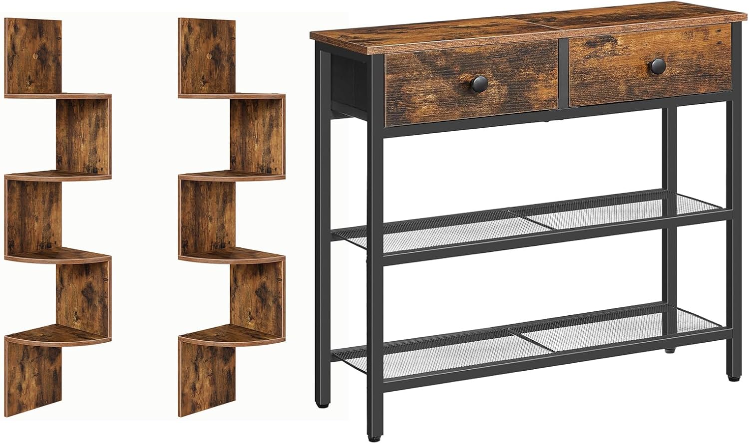 HOOBRO Corner Shelf Wall-Mounted and Narrow Console Table with 2 Fabric Drawers Bundle, Small Sofa Entryway Table with Storage Shelves, Behind Couch, Rustic Brown and Black, BF25BJP201-BF72XG01
