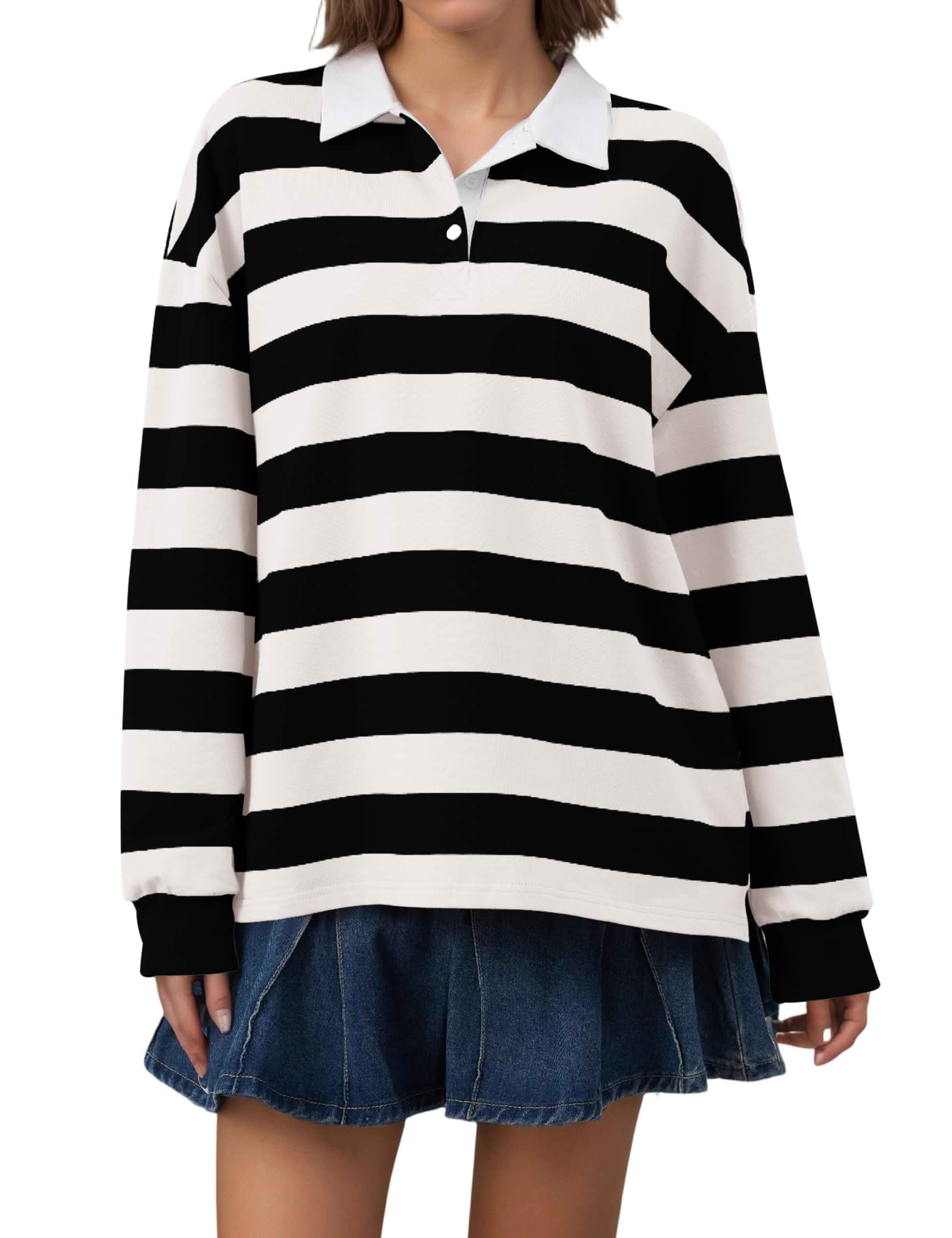 Meladyan Rugby Shirt Women Polo Striped Sweatshirt Oversized Long Sleeve Lapel V Neck Pullover Top Y2K Streetwear Blouses Cuff Sleeve