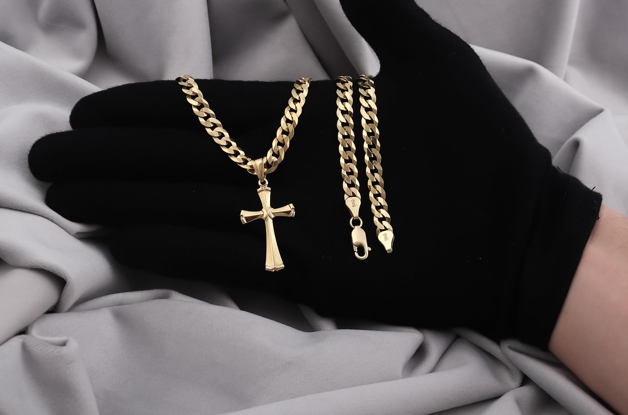 AMAR ZELYA Goldkette Herren 585, Kette vergoldet 925/585 - Königskette - Kreuz Kette - Goldkette Kreuzkette,Schmuck- Halskette Gold 6,5 mm Panzerung 60 cm