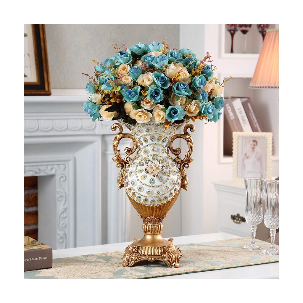XDLEDMKIZ Realistic Artificial Flower Artificial Rose Fake Flower Artificial Flower Bouquet Luxury Resin Vase Arrangement Home Porch Decoration Bouquet Silk Fake Flower