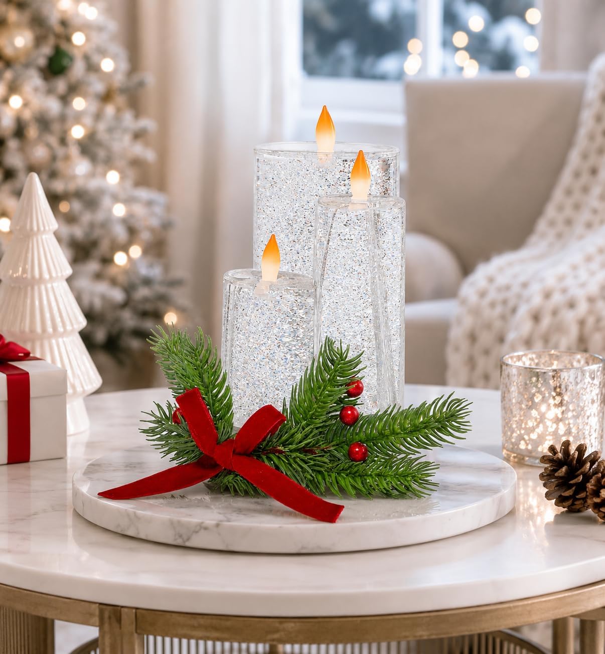 Tabletop Snow Globe Candle Water Spinning LED Lighted Acrylic Candle Décor Battery Operated Christmas Decoration (6.8" H x 4.8" W x 4.8" D) by Moments in Time