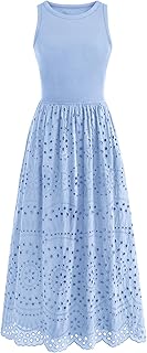 Women Summer Dresses 2025 Casual Sleeveless Crewneck A-Line Boho Lace Eyelet Cotton Tank Maxi Dress with Pockets