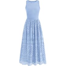 dowerme Women Summer Dresses 2026 Casual Sleeveless Crewneck A-Line Boho Lace Eyelet Cotton Tank Maxi Dress with Pockets