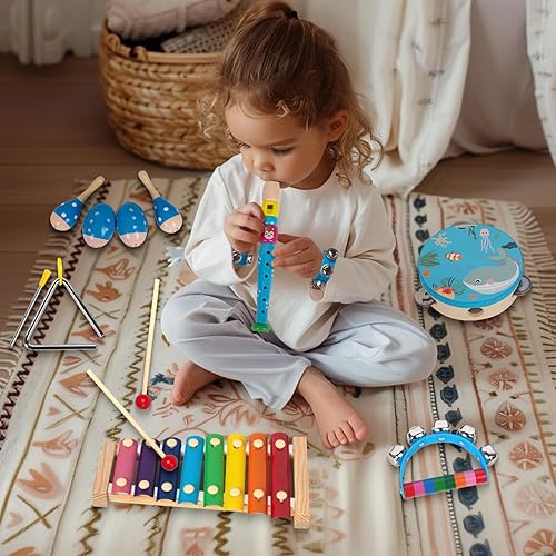 Miniatura 7 de Juego de instrumentos musicales de madera para niños pequeños de 1 a 3 años, instrumentos de percusión de madera natural, juego de regalo de