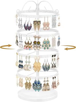 MODOWEY 4 Tiers Metal Rotating Earring Holder Organizer Stand Adjustable Display Tree, 176 Holes Large Carousel Rack for Stud Hoop Pierced Dangling Women, Idear View for All Earrings, White
