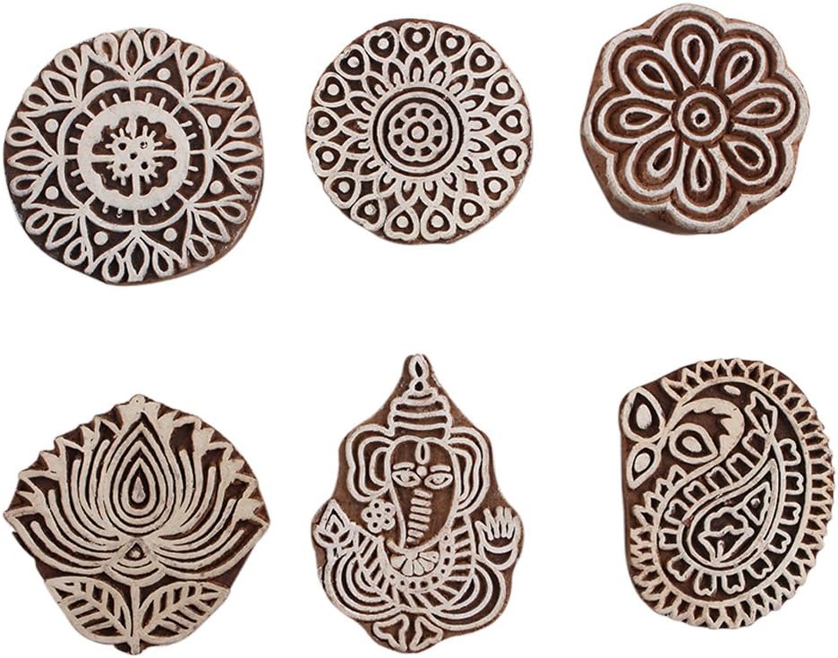 Indian Shelf Vocalforlocal Handmade Brown Set of 6 New Mix Wooden Printing Block