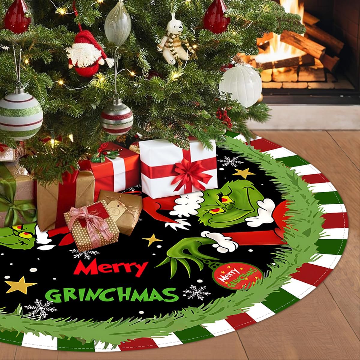 Christmas Tree Skirt, 48 Inch Red & Green Merry Christmas