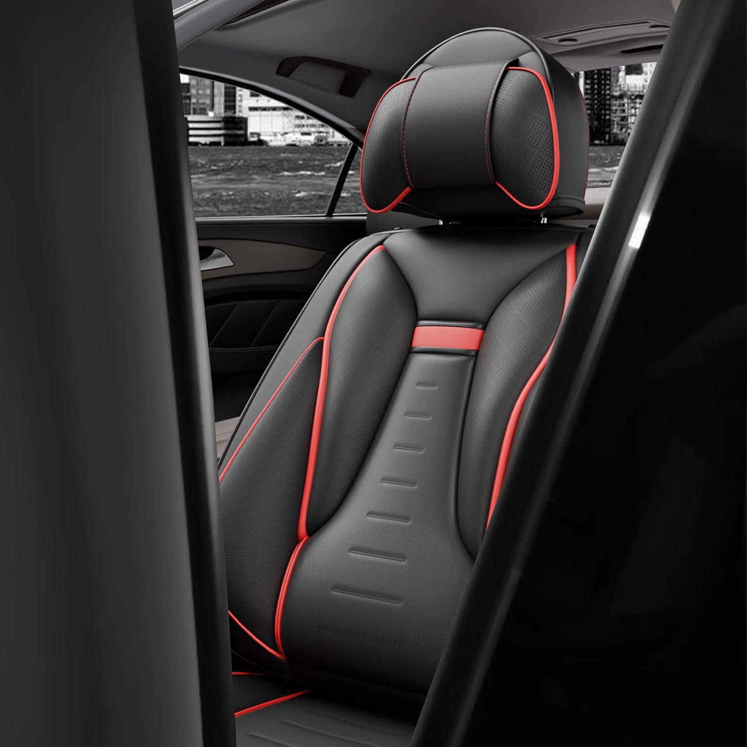 ASLONG 2PCS Angel Wings Front Car Seat Covers Auto Interior Accessories with Waterproof Nappa Leather for Cars SUV Pick-up Truck Universal Comfortable and Breathable (Front Seat Set, Black&Red)