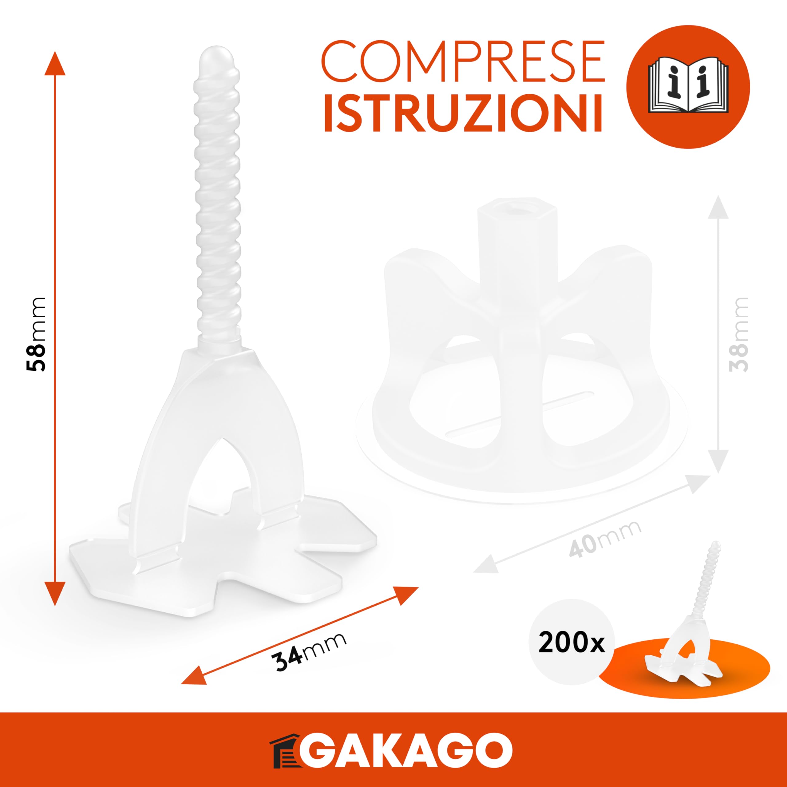Gakago Sistema di livellamento per piastrelle 200 alette filettate da 1 mm - Ausilio per la posa per un'esecuzione perfetta delle fughe - Gamma superiore per spessori di piastrelle da 3 a 18 mm
