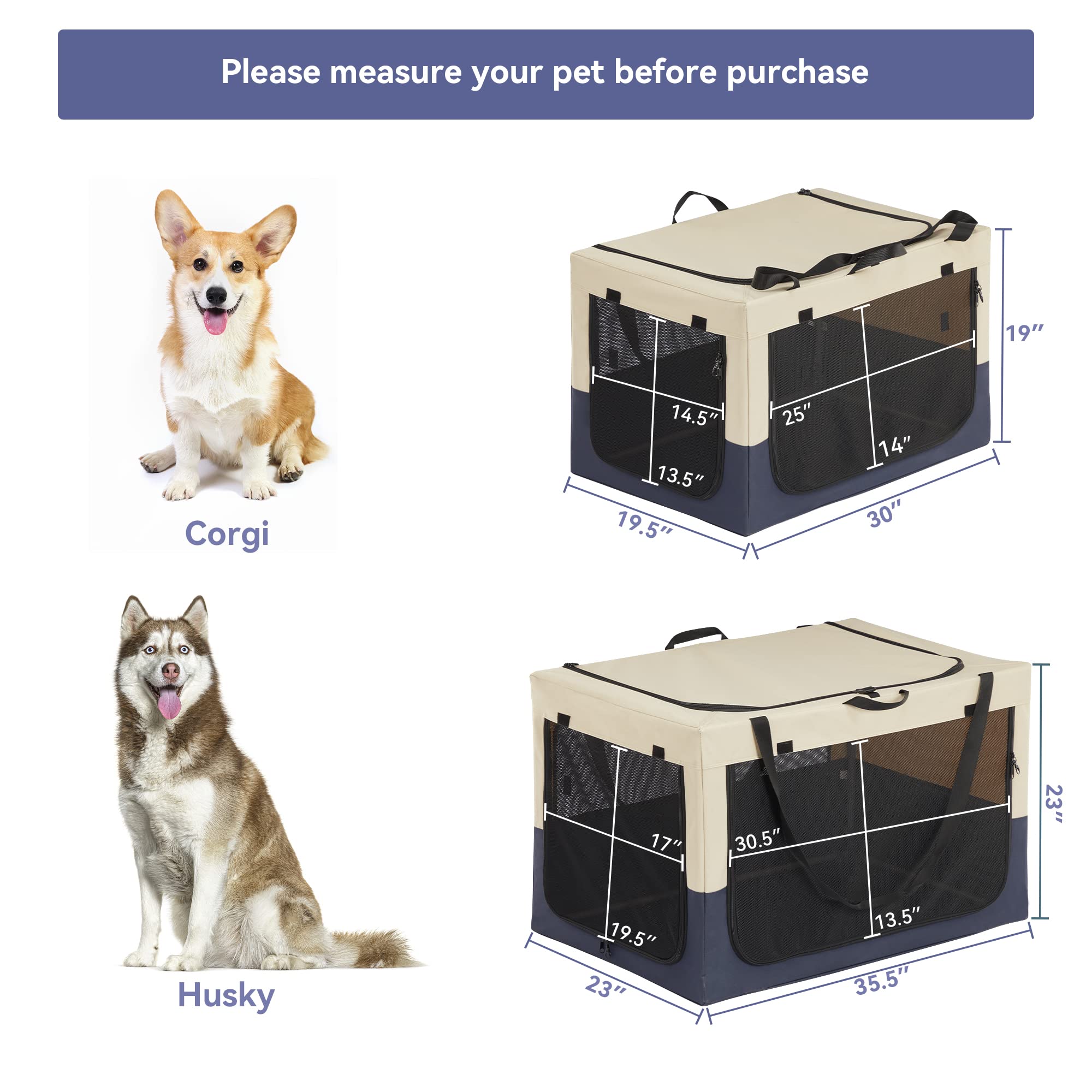 AGANS Adjustable Soft Dog Crate with Three Doors, Portable and Easy to Install, for Travel and Home Use, White and Blue