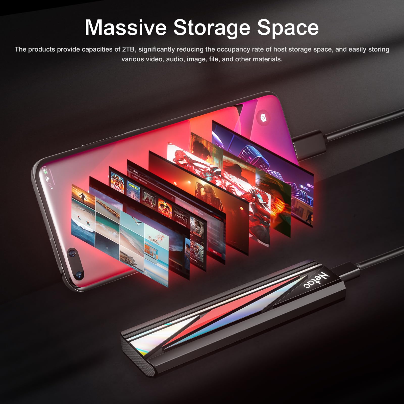 Netac 2TB Portable Externe SSD.Bis zu 2000MB/s Lesen/Schreiben, Externes Solid State Laufwerk USB3.2 Gen2x2